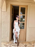 New Fashion White Irregular Ruffled Hem Design A-line Sleeveless Spaghetti Strap Dress HZ1024