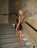 Enchanting Brown Satin Backless Pearl Chain Decoration Short A-Line Party Dress Cocktail Dress Homecoming Dress HZ1024