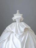 Elegant White Satin Off-the-shoulder Ruffle Ball Gown Design A-Line Wedding Dress HZ1024