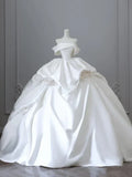 Elegant White Satin Off-the-shoulder Ruffle Ball Gown Design A-Line Wedding Dress HZ1024