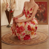 Vintage Floral A-line V-neck Spaghetti Strap Evening Dress Prom Dresses HZ1024