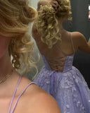 Fashion Lilac Appliques Tulle Design Spaghetti Strap A-line Homecoming Dress HZ1024