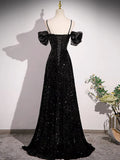 A-line Off Shoulder Velvet Sequin Long Prom Dress, Black Long Formal Dress HZ1024