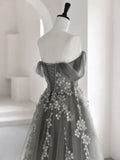 A-Line Off Shoulder Tulle Lace Gray Long Prom Dress, Gray Tulle Lace Formal Dress HZ1024
