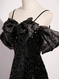 A-line Off Shoulder Velvet Sequin Long Prom Dress, Black Long Formal Dress HZ1024