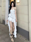 New Fashion White Irregular Ruffled Hem Design A-line Sleeveless Spaghetti Strap Dress HZ1024