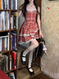 Simple Plaid Ruffled Hem Design A-line Sleeveless Spaghetti Strap Dress HZ1024