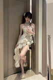 Fashion Irregular Ruffled Floral Design A-line Sleeveless Spaghetti Strap Dress HZ1024