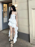 New Fashion White Irregular Ruffled Hem Design A-line Sleeveless Spaghetti Strap Dress HZ1024