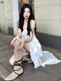 New Fashion White Irregular Ruffled Hem Design A-line Sleeveless Spaghetti Strap Dress HZ1024