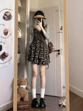 Simple Black Floral Irregular Ruffled Hem Design A-line Sleeveless Spaghetti Strap Dress HZ1024