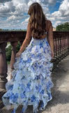 Vintage Floral Spaghetti Strap Ruffle Mermaid Chiffon Prom Dress Party Dress Evening Dress HZ1024