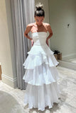 Vintage White Chiffon Strapless A-Line Tiered Prom Dress Party Dress Evening Dress HZ1024