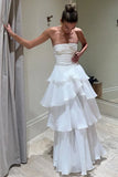 Vintage White Chiffon Strapless A-Line Tiered Prom Dress Party Dress Evening Dress HZ1024