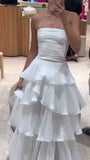 Vintage White Chiffon Strapless A-Line Tiered Prom Dress Party Dress Evening Dress HZ1024