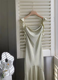 Vintage Sage Green Ruffle Mermaid Satin Long Prom Dress Party Dress Evening Dress HZ1024