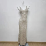 Elegant Champagne Glittering Sequin Beaded Halter-neck Mermaid Prom Dress Party Dress Evening Dress HZ1024