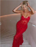Vintage Shiny Sequined Red Mermaid Lace Applique Spaghetti Strap Long Prom Dress Evening Dress HZ1024