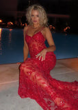 Vintage Shiny Sequined Red Mermaid Lace Applique Spaghetti Strap Long Prom Dress Evening Dress HZ1024