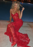 Vintage Shiny Sequined Red Mermaid Lace Applique Spaghetti Strap Long Prom Dress Evening Dress HZ1024