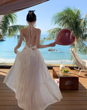 New Stylish White Sleeveless Backless Beach Casual Halter Dress HZ1024