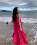 New Fashion Rose Pink Beach Holiday Loose Halter Dress HZ1024