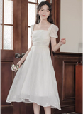 New Fashion Simple Creamy White Short Sleeves Design Women Long Dress HZ1024