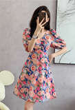 New Fashion Simple Floral Short Sleeves Design V-neck Slim Dress HZ1024