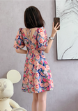 New Fashion Simple Floral Short Sleeves Design V-neck Slim Dress HZ1024