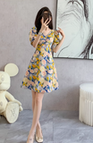 New Fashion Simple Floral Short Sleeves Design V-neck Slim Dress HZ1024