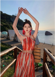 Bohemian Style Women Unique Design Sense Red A-Line Halter Dress HZ1024