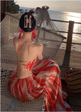 Bohemian Style Women Unique Design Sense Red A-Line Halter Dress HZ1024