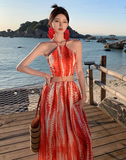 Bohemian Style Women Unique Design Sense Red A-Line Halter Dress HZ1024