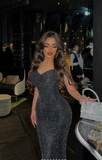 Sexy Black Mermaid V-Neck Spaghetti Strap Glitter Long Prom Dresses HZ1024