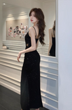 Vintage Elegant Black V-neck Black Design A-Line Sleeveless Strap Dress HZ1024