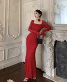Vintage Fashion Black Square Collar Design Black A-Line Mermaid Long-sleeved Dress HZ1024