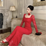 Vintage Fashion Black Square Collar Design Black A-Line Mermaid Long-sleeved Dress HZ1024