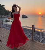 Vintage Ruffled Design Wine Red A-Line Women Spaghetti Strap Dress HZ1024