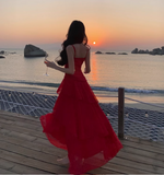 Vintage Ruffled Design Wine Red A-Line Women Spaghetti Strap Dress HZ1024