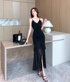 Vintage Irregular Design Black A-Line Mesh Women Spaghetti Strap Dress HZ1024