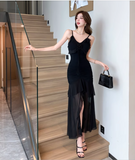 Vintage Irregular Design Black A-Line Mesh Women Spaghetti Strap Dress HZ1024