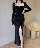 Simple Elegant Square Collar Beading Design Black Wool A-Line Long-sleeved Dress HZ1024
