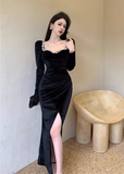 Simple Elegant Square Collar Beading Design Black Wool A-Line Long-sleeved Dress HZ1024
