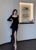 Simple Elegant Square Collar Beading Design Black Wool A-Line Long-sleeved Dress HZ1024
