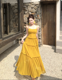 Simple Fashion Ruffled Design Yellow A-Line Long Spaghetti Strap Dress HZ1024