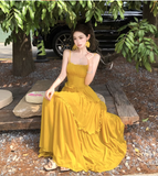 Simple Fashion Ruffled Design Yellow A-Line Long Spaghetti Strap Dress HZ1024