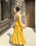 Simple Fashion Ruffled Design Yellow A-Line Long Spaghetti Strap Dress HZ1024