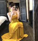 Simple Fashion Ruffled Design Yellow A-Line Long Spaghetti Strap Dress HZ1024