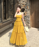 Simple Fashion Ruffled Design Yellow A-Line Long Spaghetti Strap Dress HZ1024