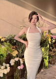 Elegant Design White A-Line Slim Midi Halter Dress HZ1024